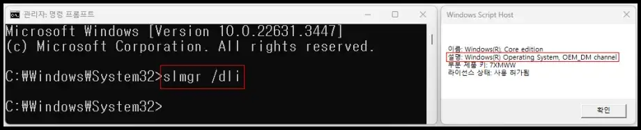 명령 프롬프트 윈도우 라이센스 종류 확인 방법