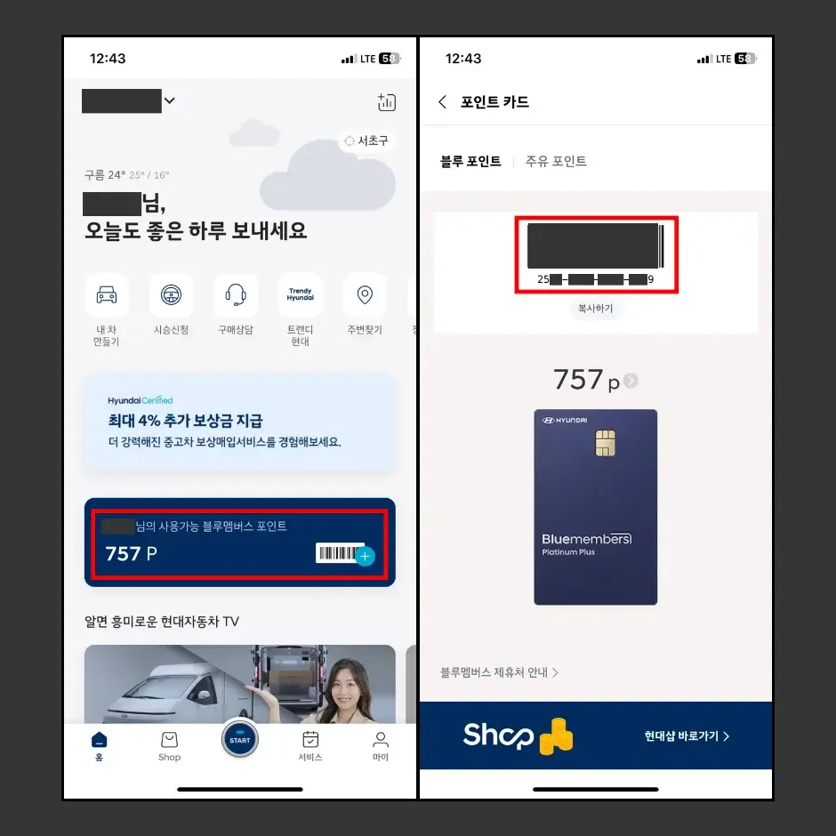 마이현대 모바일 앱 블루멤버스 카드 번호 조회 방법 2