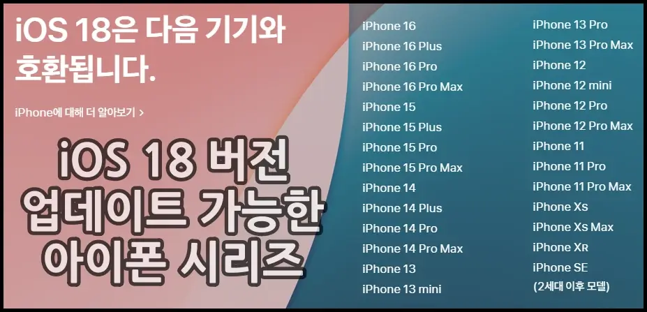 iOS 18 버전 업데이트 가능한 아이폰 시리즈