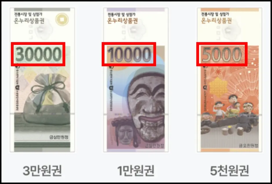 지류형 온누리상품권 금액권 종류