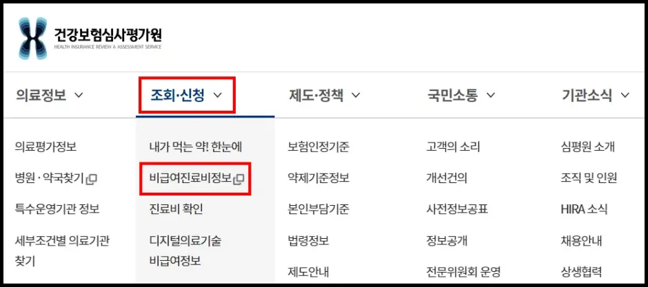 건강보험심사평가원 홈페이지 비급여 진료비 조회 방법 1