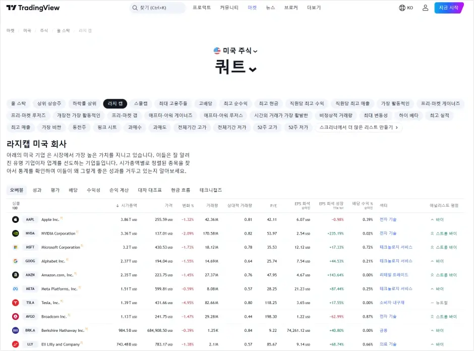 Trading View 웹사이트 미국주식 시가총액 상위종목 실시간 순위 확인 방법