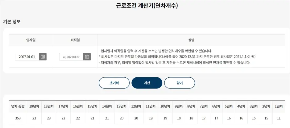 고용노동부 연차 개수 계산기