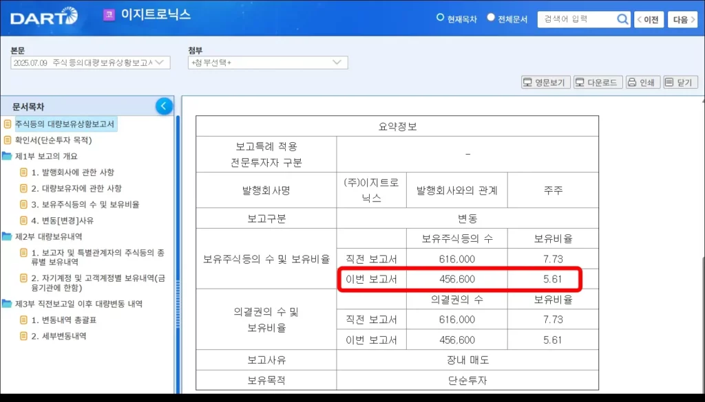 전자공시시스템 자사주 비율 조회 방법 3