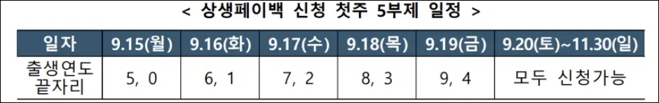상생페이백 신청 첫 주 5부제 일정