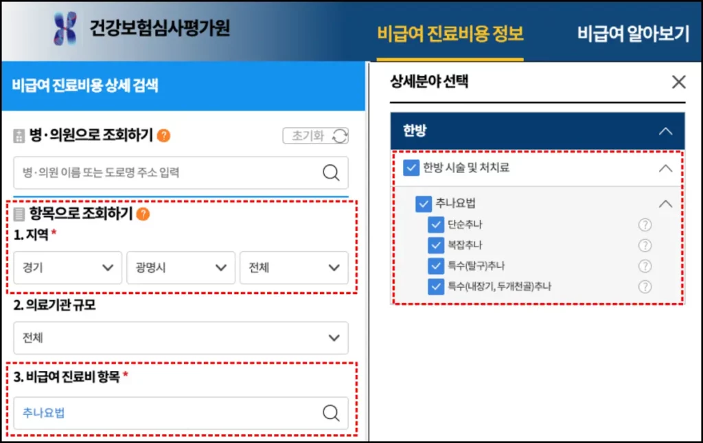 추나요법 가격 조회 방법 건강보험심사평가원 홈페이지 추나요법 가격 조회 방법 2